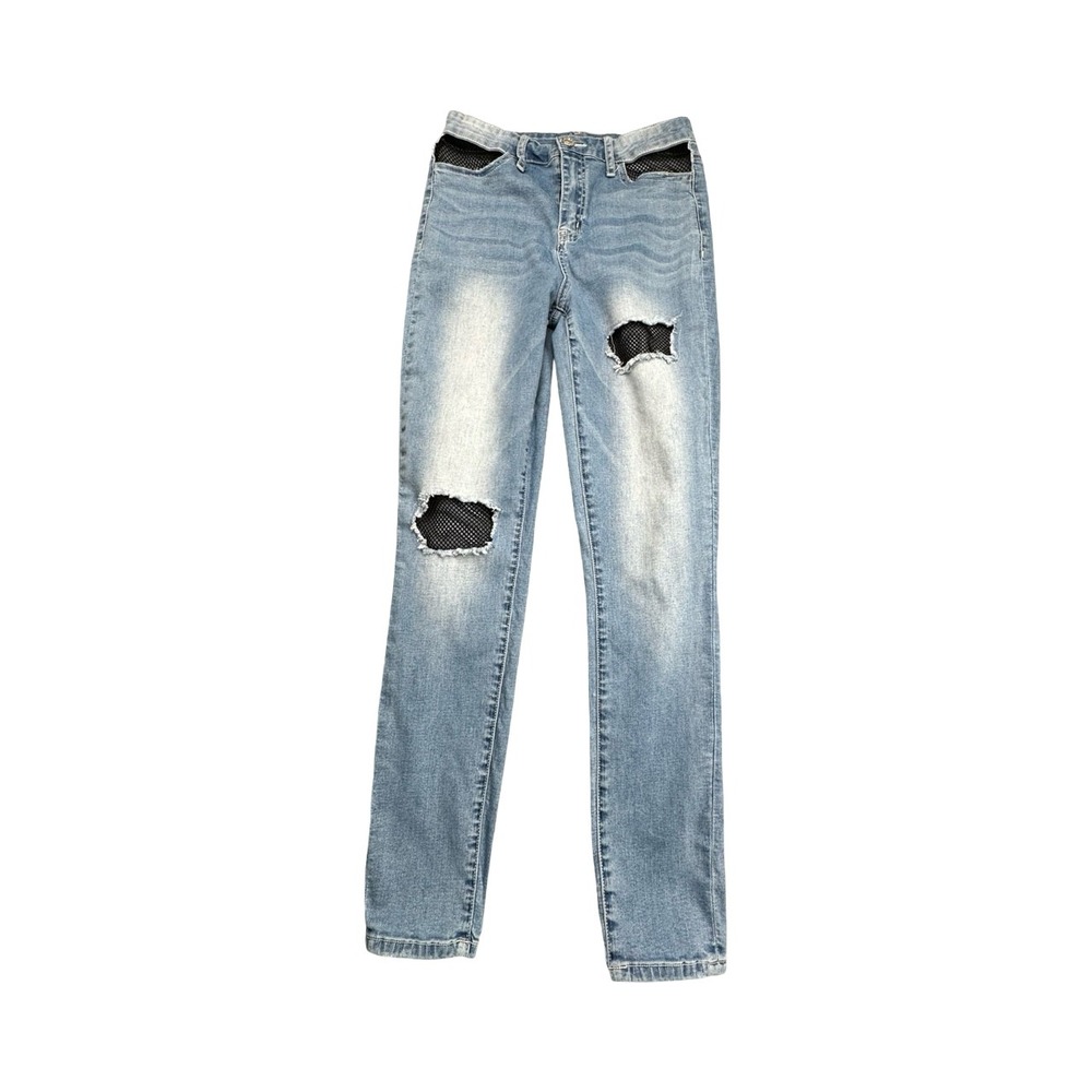 Guess Jeans Skinny Womens 27 Blue Distressed Fishnet Mesh High Rise Q75A07R30I1